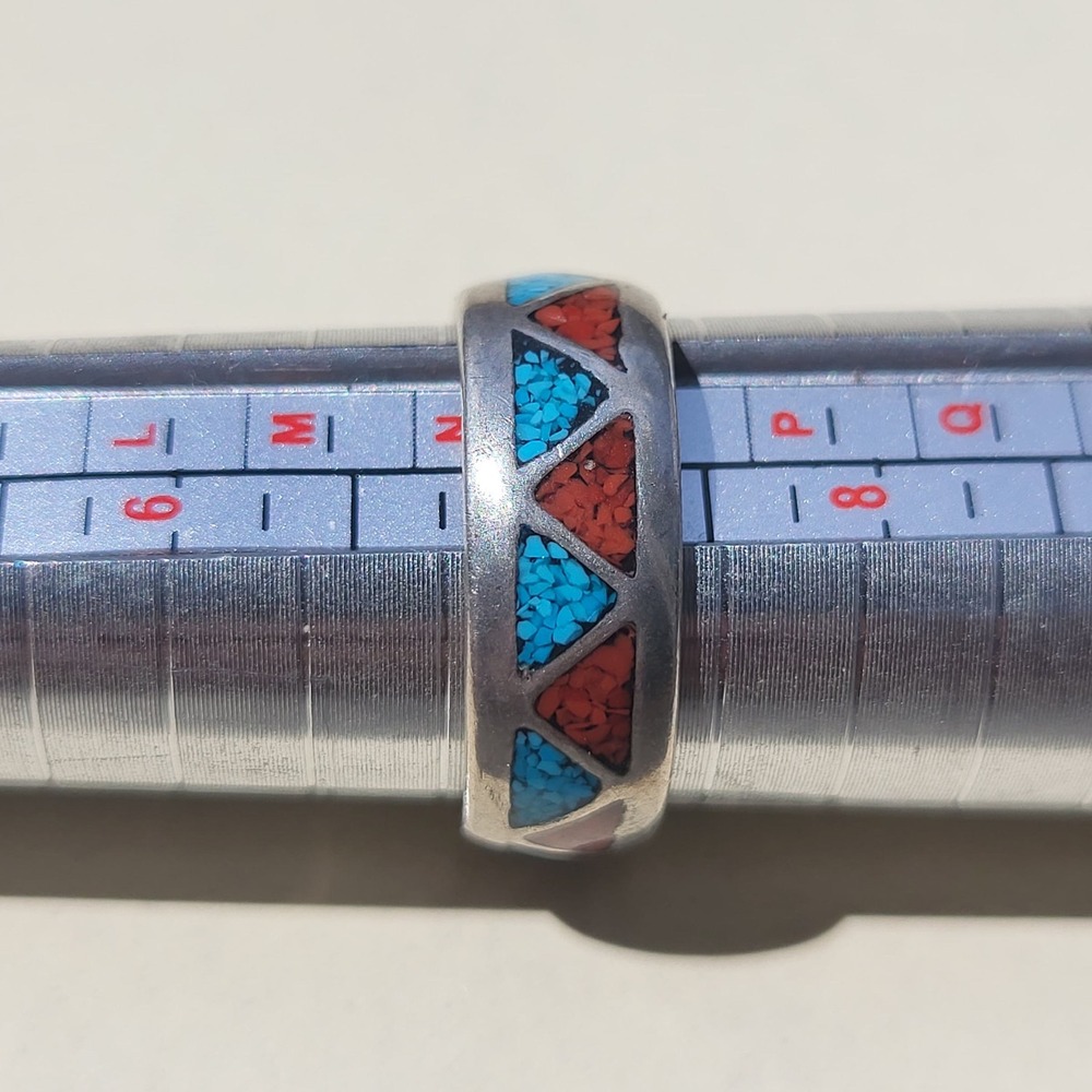 Vintage Sterling Silver Turquoise Coral Inlay Triangle Band Ring Size 7 Blue - Picture 5 of 8